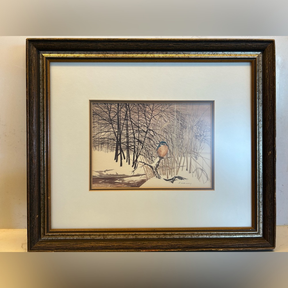 Vintage framed print titled "Kingfisher" by artist Robert A. Massey.